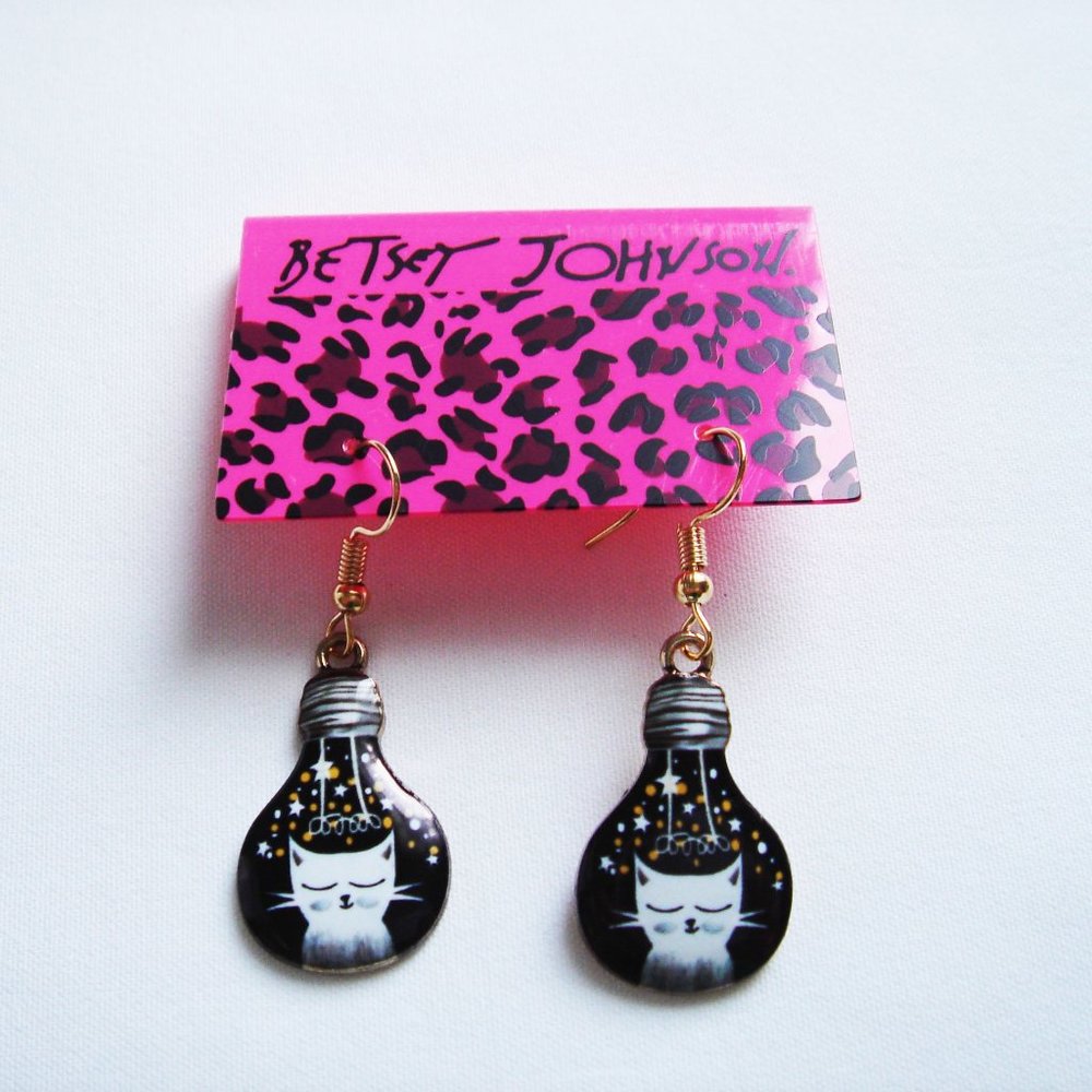 WHITE CAT IN A LIGHT BULB BETSEY JOHNSON EARRINGS